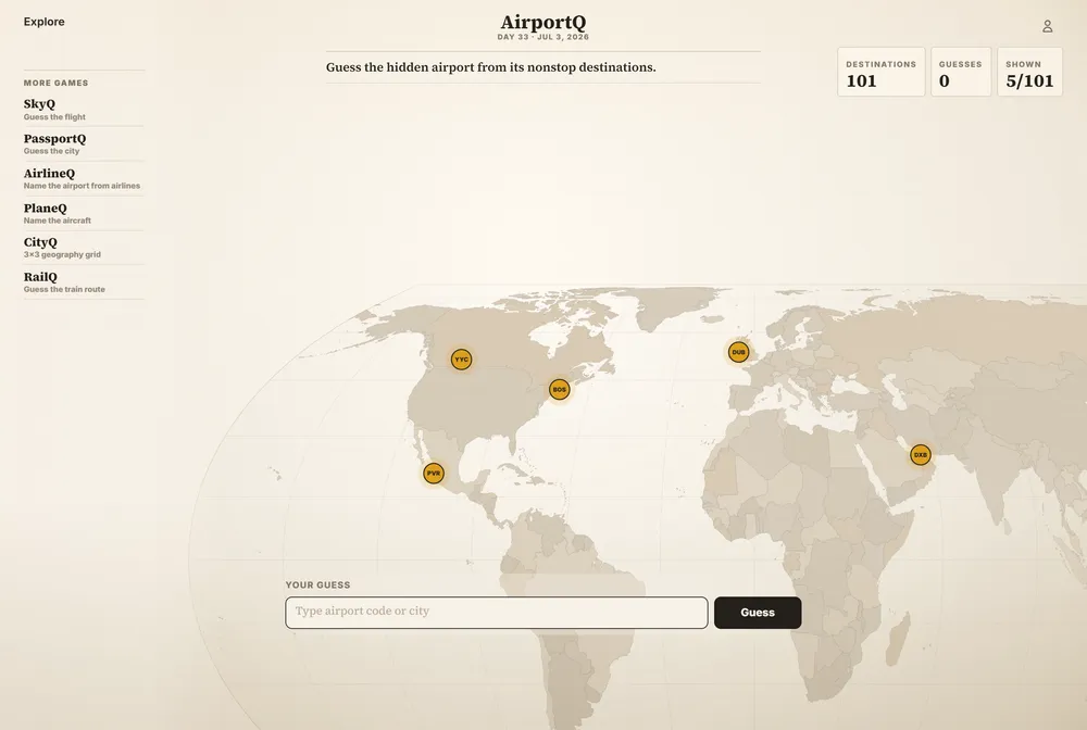 AirportQ daily puzzle screen showing a world map with a hidden airport's nonstop destination routes and a guess input box