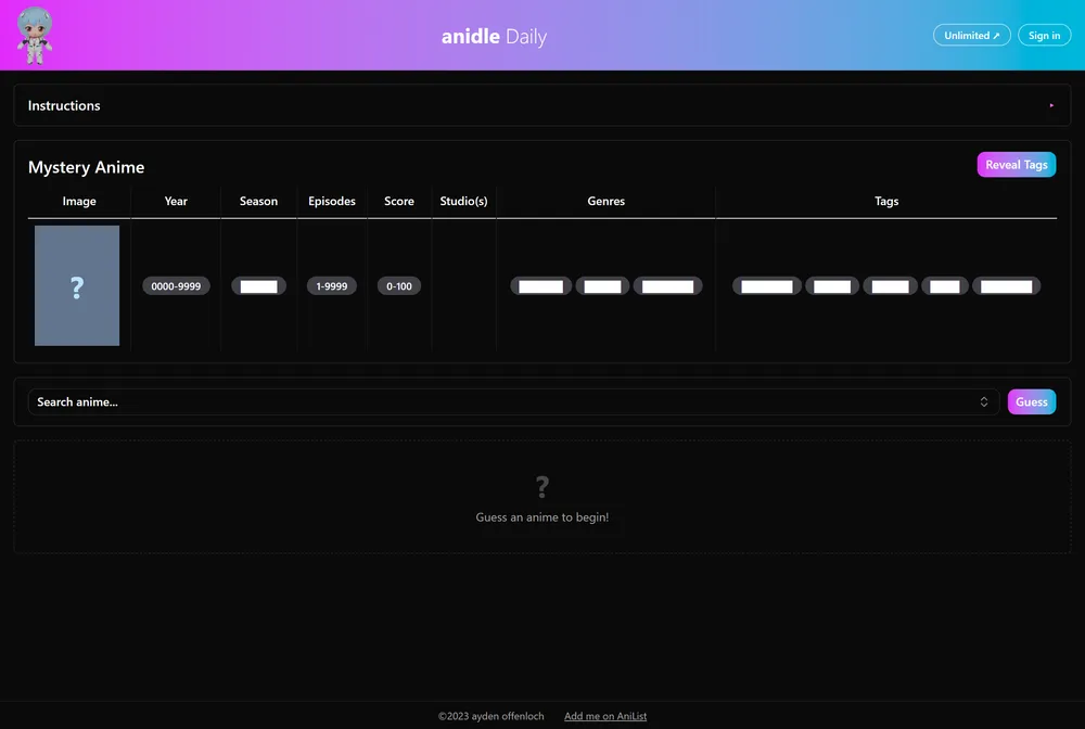 Anidle daily anime-guessing game showing a guess search bar and clues that unlock with each wrong guess