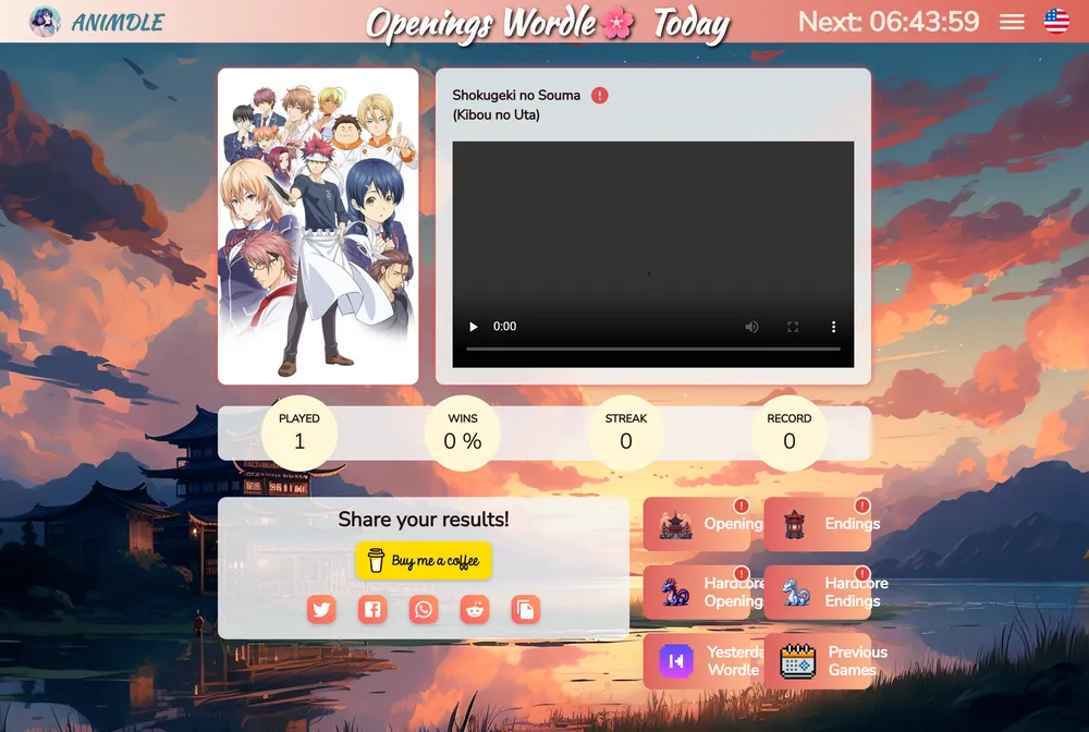 Animdle daily anime opening guessing puzzle with a title search box and a countdown to the next puzzle.