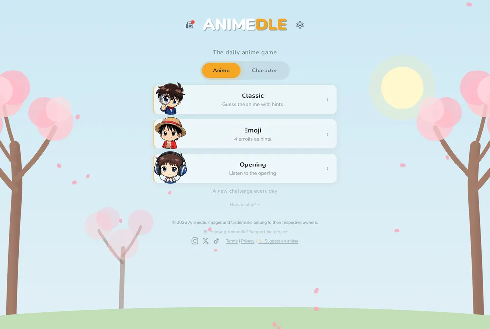 Anime-dle daily anime guessing game showing mode selection and a color-coded attribute comparison grid