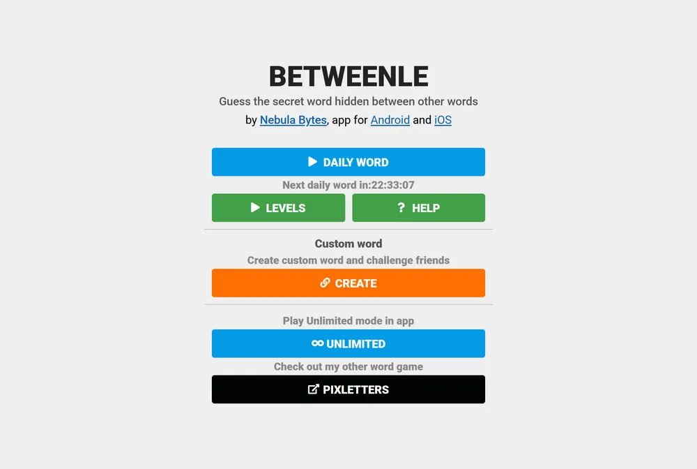 Betweenle daily word puzzle showing before and after alphabetical clues for guessed 5-letter words