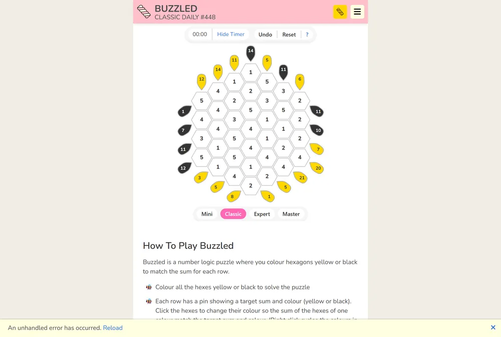Buzzled honeycomb grid of numbered hexagons with coloured row pins showing target sums
