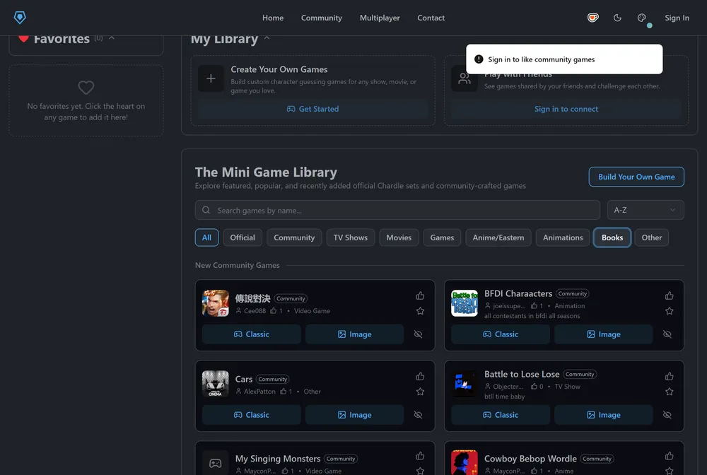Chardle mini game library of official and community character-guessing sets across categories like TV shows, movies, anime, and books.