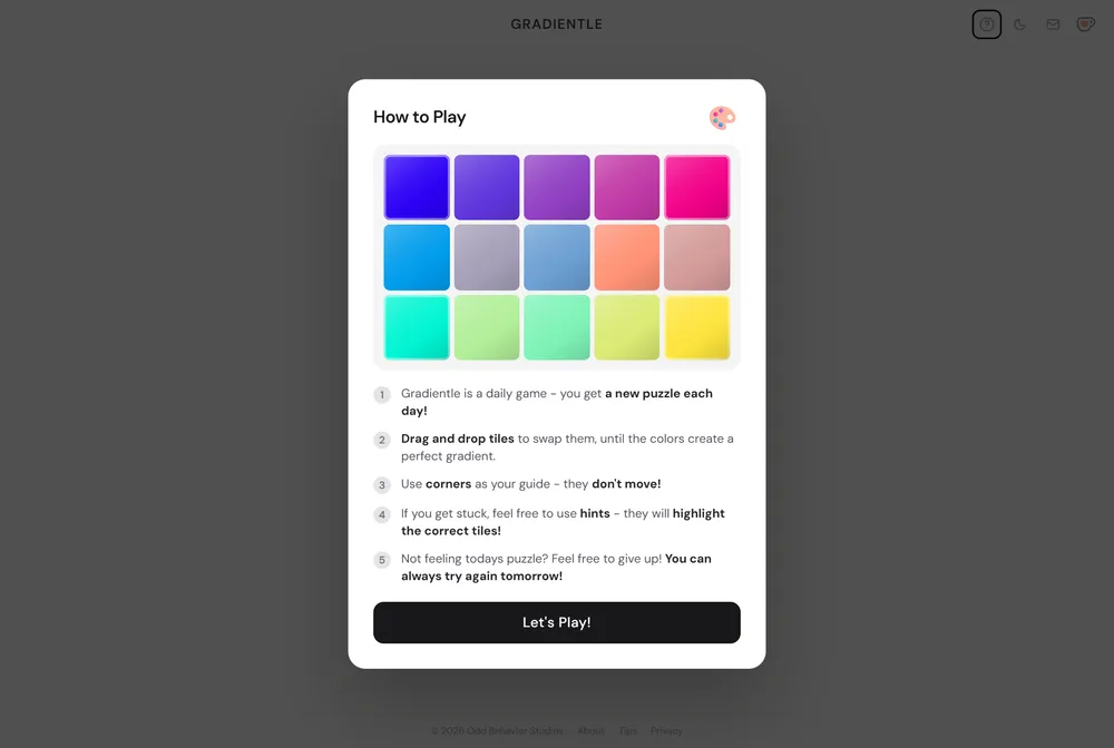Gradientle daily puzzle showing a grid of color tiles blending into a smooth gradient with fixed corners