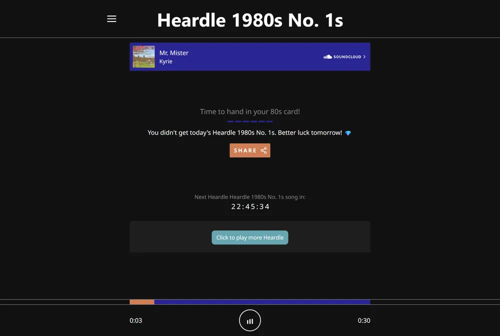 Heardle 80s Number 1s daily music game with a play button and song guess box.