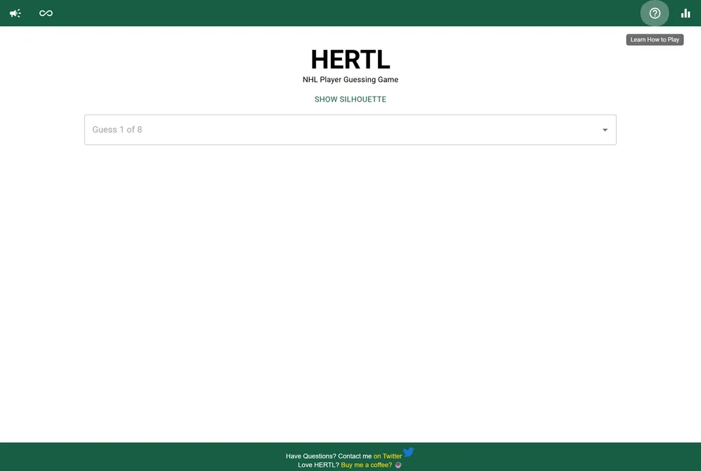 Hertl daily NHL player guessing game showing color-coded clue rows for team, conference, division, position, age, and nationality.
