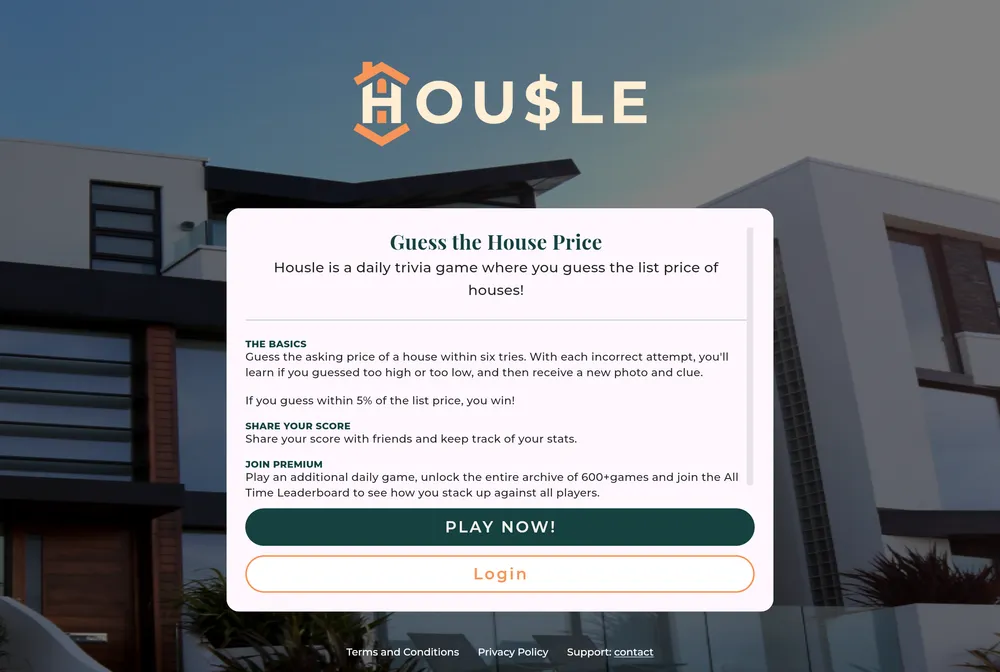 Housle daily puzzle screen showing a home listing photo and a list-price guess input