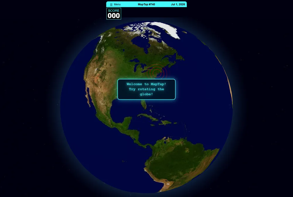 MapTap daily geography game showing a rotatable 3D globe where players tap to pinpoint locations