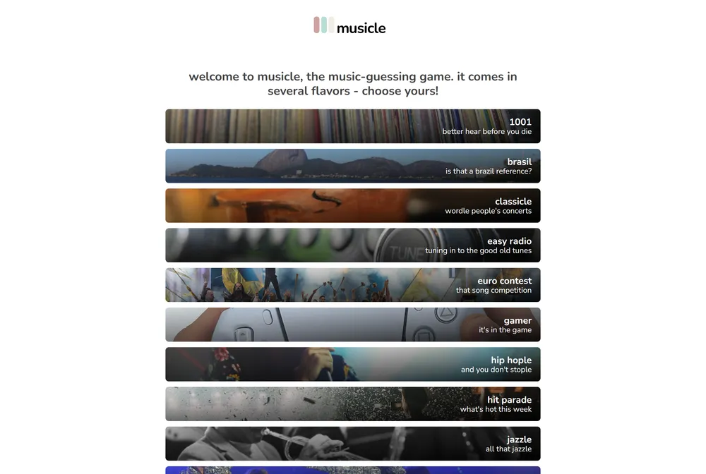 Musicle daily music game showing an album guess prompt with a play button for the audio sample