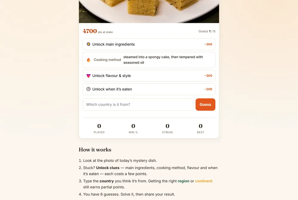 Tastedle daily food guessing game showing a mystery dish with point-based clues and a country guess