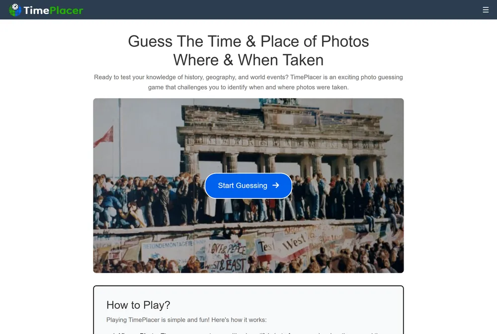 TimePlacer game screen showing a historical photograph with a year slider and a map for guessing when and where it was taken