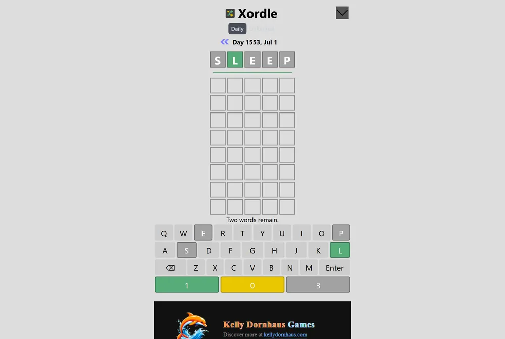 Xordle board showing two five-letter words being guessed at once with green, yellow, and grey tiles